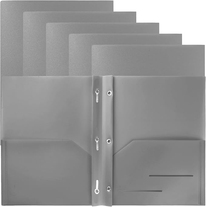 Youngever 6 Pack Heavy Duty Plastic Two Pocket Folders with 3 Prongs, Metal Prongs Fastener, Heavy Duty Plastic 2 Pocket Folder (Grey)