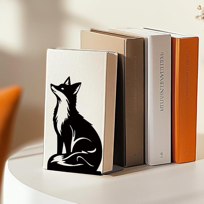 Black Fox Metal Bookends for Shelves, Exquisite Fox Bookshelf Decor Book Ends for Heavy Books, Home School Office Desk Decoration, Book Stopper for Study and Birthday Gift