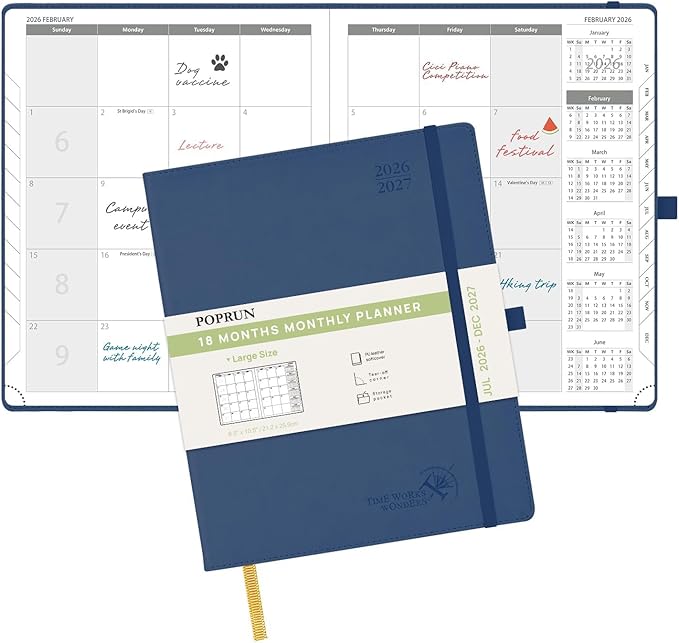 POPRUN Monthly Planner 2026-2027 (Large- 8.5" x 10.5" Soft Cover), 18-Month Calendar Book (Jul.2026-Dec.2027), Calendar Planner with Monthly Tabs & Pocket, 100 GSM Paper - Navy Blue