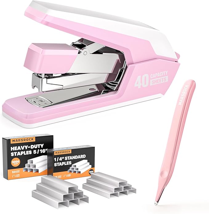 Effortless Stapler for Desk with 40-50 Sheet Capacity, 2000 Staples, 1-Touch Stapling, Ergonomic & Easy to Load Desktop Staplers, Heavy Duty Stapler, and Magnetic Staple Remover, Pink
