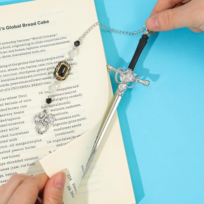 Fantasy Sword Bookmark with Dragon Pendant, Stainless Steel Gothic Medieval Book Marker with Crystal Charm Tassel, Reading Accessory Gift Box for Book Lovers and Fantasy Readers(Dragon)