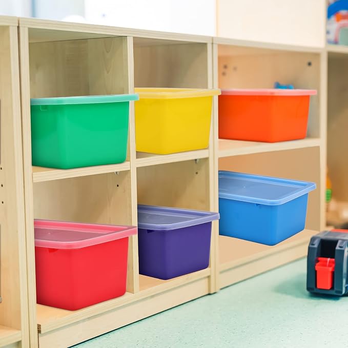 12 Pcs Bins for Classroom Plastic Storage Bins with Lids Storage Bins Storage Organizer Bins Plastic Shelf Containers 15 Sheets Self Adhesive Labels for Classroom School Home Office Supplies