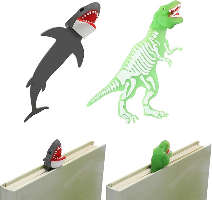 2 Pieces Shark Bookmark for Kids Boys Dinosaur Giant Cool Childrens 3D Luminous Cartoon Animal Bookmark, School Supplies(Dinosaur and Shark Style)