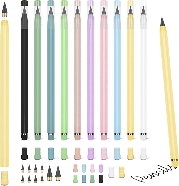 OFFCUP Infinity Pencil, 10PCS Inkless Pencils Forever Pencil with Eraser, Including 10 Replaceable Nibs, 20 Erasers Reusable Everlasting pencil Magic Pencils for Writing Art Sketch Painting Tool