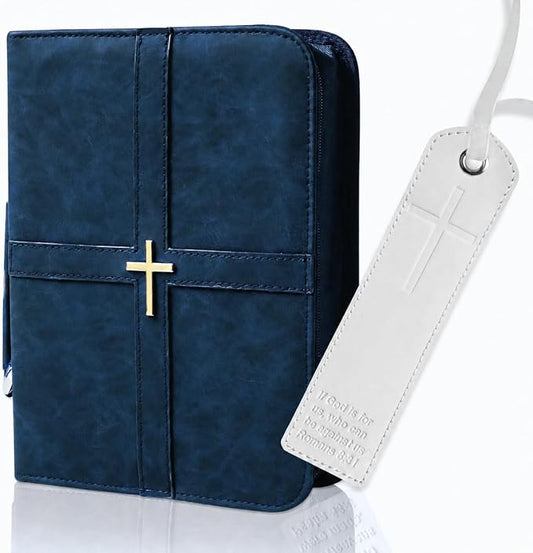 Bible Case (U.S. Patent Pending), Vibrant & Inspiring Bible Cover, with Romans 8:31 Bookmark, Blue Bible Cover Case for Women or Men, Elegant Bible Bag, Durable PU Leather Book Cover