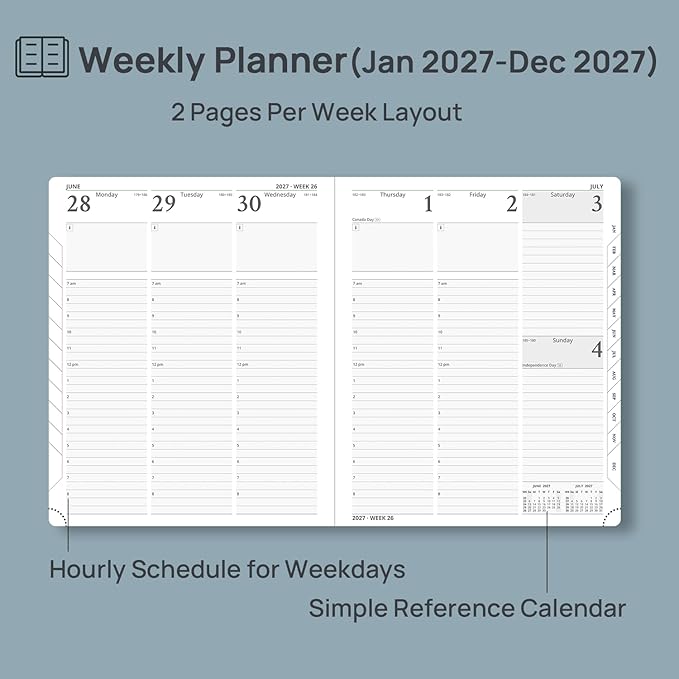 POPRUN 2027 Planner Weekly and Monthly, Large 8.5" x 10.5" Calendar, Jan 2027- Dec 2027 Agenda, Daily Appointment Book with Hourly Time Slots, Monthly Tabs, Hardcover, 100 GSM - Midnight Green