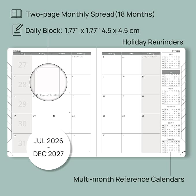 POPRUN Monthly Planner 2026-2027 (Large- 8.5" x 10.5" Soft Cover), 18-Month Calendar Book (Jul.2026-Dec.2027), Calendar Planner with Monthly Tabs & Pocket, 100 GSM Paper - Pacific Green