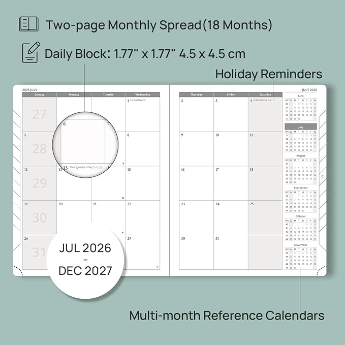 POPRUN Monthly Planner 2026-2027 (Large- 8.5" x 10.5" Soft Cover), 18-Month Calendar Book (Jul.2026-Dec.2027), Calendar Planner with Monthly Tabs & Pocket, 100 GSM Paper - Purple