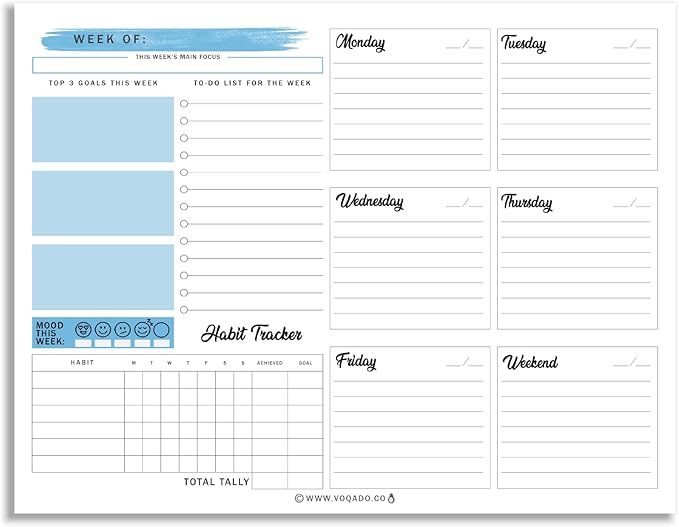 Weekly Planner Pad Tear Off (Magnetic) Full Year Productivity Planner, 50 Undated Sheets for Daily Schedule, To-Do Lists, Habit Tracking, Academic Planning, and Work Agenda (8.5 x 11 Inches, Blue)