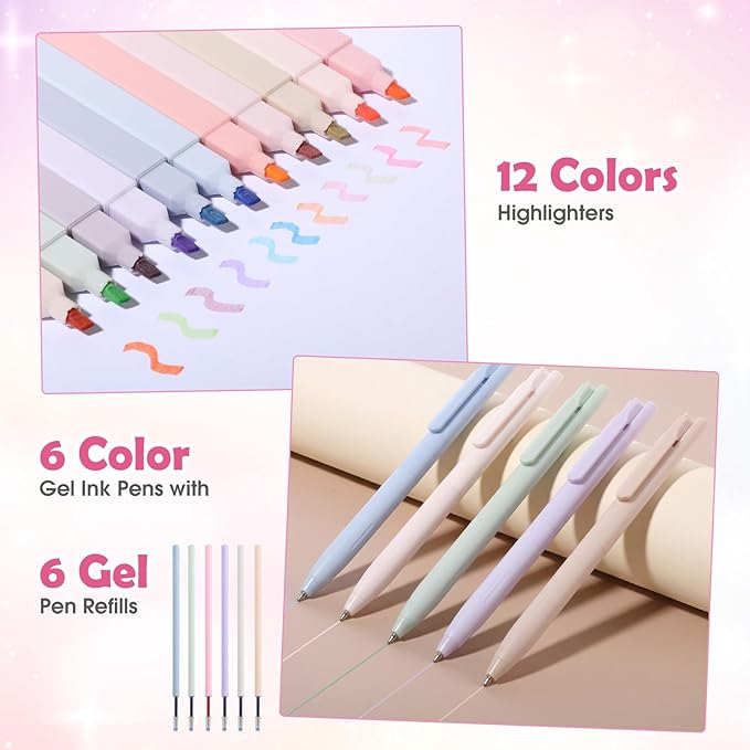 Watersay 64 Pcs Aesthetic School Supplies with Pencil Case, Notebook, Highlighters, Gel Pen, Mechanical Pencil, Correction Tapes School Office Stationary Set Bible Study Preppy Student Essentials Kit