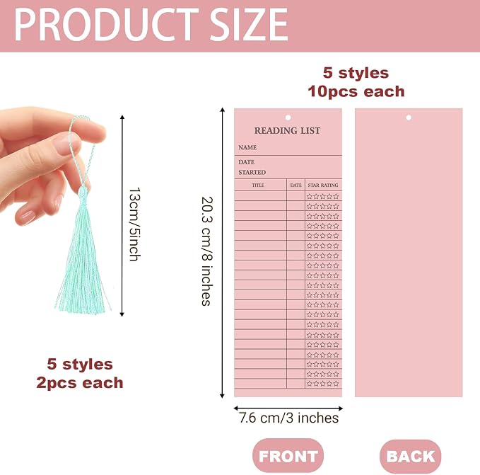 50 Pcs 5 Color Reading List Bookmarks with 10 Bookmark Tassels 3x8 Inch Bulk Reading Log Book Tracker Bookmarks for Book Lovers, Students, Teachers (Pastel)