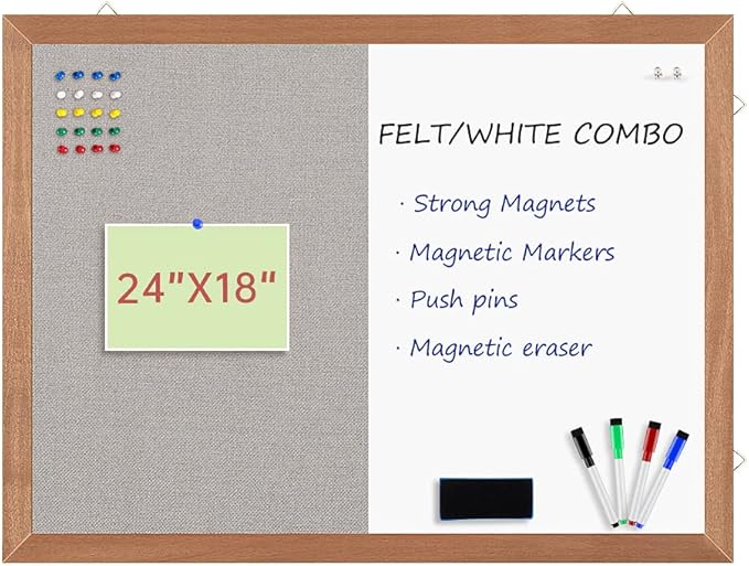 Grey Felt Bulletin/Dry Erase White Combo Board, 24" X 18“ Combination Whiteboard/Bulletin Board, Pin Board with Natural Wood Frame…