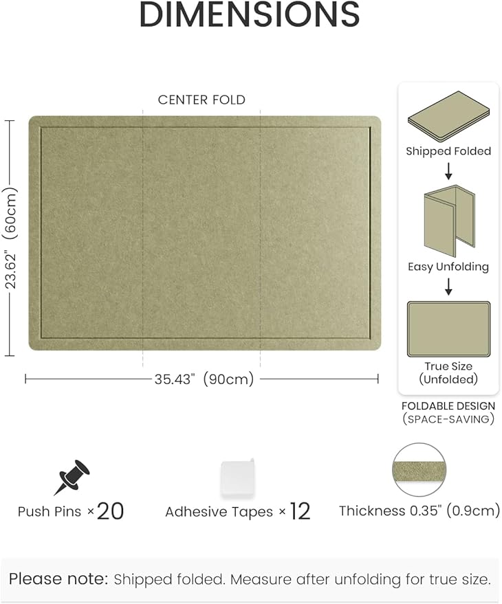 Fluxynara Bulletin Board,35.4" x 23.6" Cork Board Alternative with 12 Safe Removable Adhesive Tabs, Foldable Felt Pin Board for Home Office, Classroom, Bedroom,Entryway for Walls— Olive Green