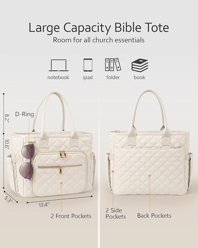 BellaHold Large Bible Bag with Bible Cover Case for Women, Church Bag with Bible Study Supplies & Shoulder Strap, Quilted Bible Tote Bag, Christian Gift for Women, Beige