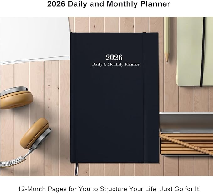 2026 Daily & Monthly Planner - 2026 Daily Planner One Page Per Day from January 2026 to December 2026, 5.8" x 8.3" Hourly Appointment Book Perfect Organizer Daily Life, Fabric Cover, Black