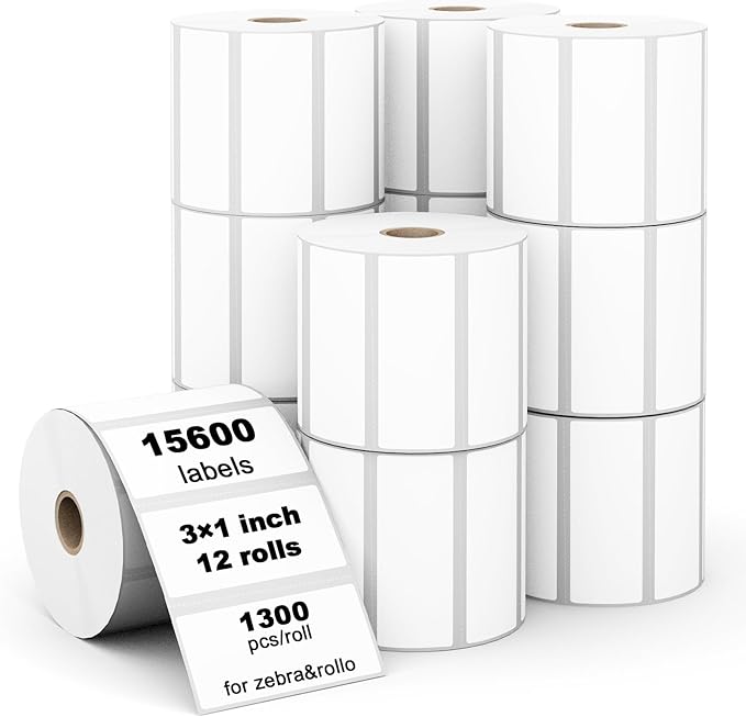 (15600 Labels/12 Rolls) Labelebal 3-Proof 1" Core 12 Rolls 3" x 1" Inch Direct Thermal Labels & Stickers,Address Shipping Labels Compatible with Rollo & Zebra Desktop Printers Adhesive