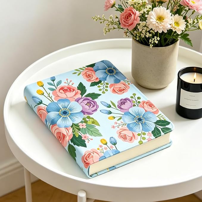 Blue and Pink Flowers Patern Stretchable Book Cover 15.7"x9.8", Elastic Washable Book Protector for Hardcover Textbooks Paperbacks, Reusable Polyester Book Sleeve for Women