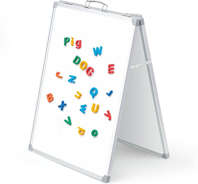 Lincia 24 x 18 Inch Portable Dry Erase Board with Stand, Foldable White Board Double Sided Whiteboard Easel, Silver Aluminum Frame with Metal Handle for Office Home School Teaching Demonstration