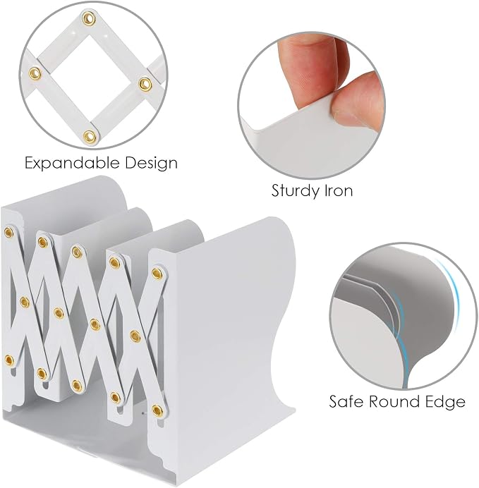 Adjustable Book Ends, Metal Iron Non Skid Boo kends, Expandable Bookcase Bookend Stand Holder Book Storage Rack, Heavy Bookends for Office Desk, Shelf, Stationery (White)