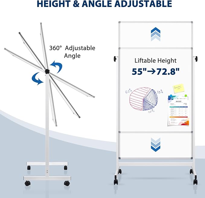 Rolling Whiteboard, 40" x 24" Magnetic Mobile White Board on Wheels, Double Sided, Height Adjustable Aluminum Frame Dry Erase Board with Stand for Office, Home, Classroom