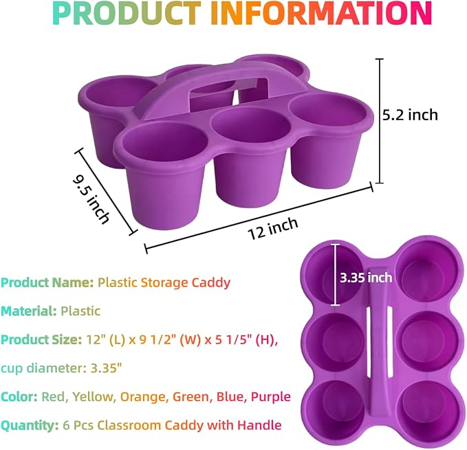 RAUVOLFIA 6 Pack Classroom Caddy Storage Basket with Handle, Plastic Drink Cup Caddy Holder, 6 Compartments for Kids, Table, Office, Arts, Crafts, Crayon, Marker, Pencil, School Supplies (Rainbow)
