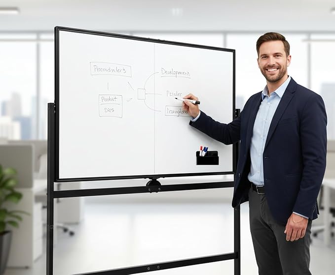A AIRLLEN Rolling Whiteboard - 48x32 Double Sided Magnetic Dry Erase Board with One-Click Flip Button, Mobile Standing White Board for Teaching, Brainstorming & Office Presentations