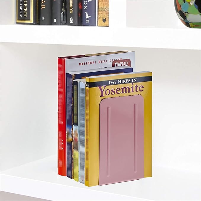 Acrimet Bookends for Shelves, Non-Skid Book Holder, Heavy Duty Book Stopper, Steel Metal Book Ends Storage for Home, Library, 6 7/8" H x 4" W x 4 1/2" D (Pink) (1 Pair / 2 Pieces)