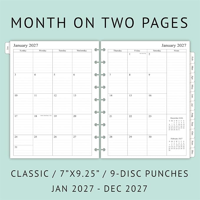 2027 Weekly Planner Refills for Happy Planner Classic Notebook - 9 Discs Punched, Two Pages Per Week, Jan 2027 to Dec 2027, 7" x 9-1/4"