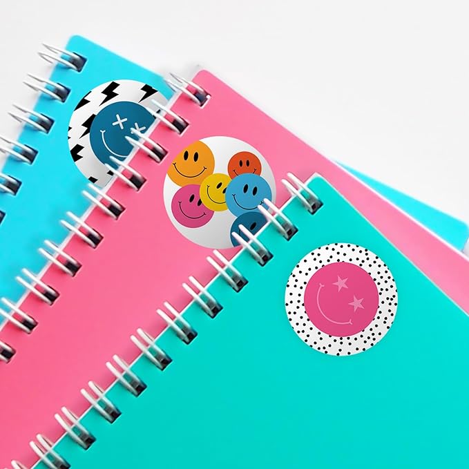 Retro Smiley Face Stickers / 500 Colorful Round Labels Roll / 1.5" Circle Happy Face Sticker / 8 Nostalgic Y2K Bright Designs/Made in The USA
