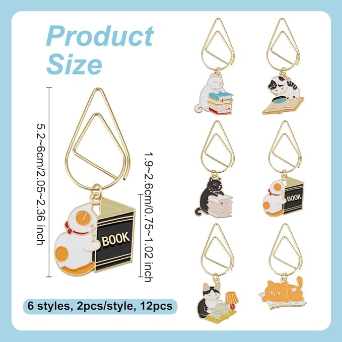 OLYCRAFT 12Pcs 6 Styles Paperclips 2.1~2.4 Inch Alloy Enamel Pendant Paperclip Metal Paper Clip Book Cat Pendant Creative Paperclip Bookmark Paperclips for Paper Document Sorting and Organizing