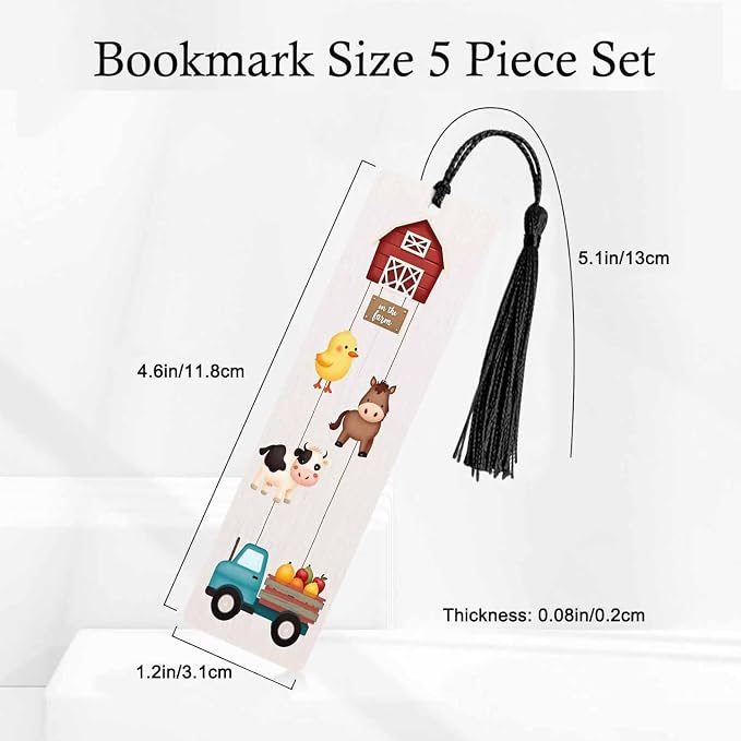 Farm Animal 5 Pcs Bookmarks Chicken Cow Horse Fruit Truck Wooden Bookmarks with Tassel for Students Reader Teachers Book Lovers