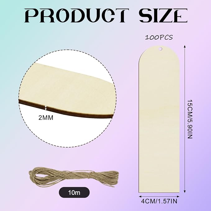 100 PCS Unfinished Wood Bookmark, Arch Wooden Bookmark DIY Bookmarks Tag Label Blank Bookmarks Ornament with 10M Rope for Decor DIY Crafts, Painting, Decorations