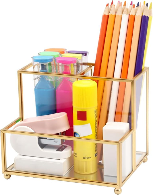 Glass Pen Holder for Desk,Gold Pencil Holder with 3 Compartments,Small Desk Organizer for Pens/Pencils/Sticky Notes,Stylish Clear Pen Organizer for Home Office Desk