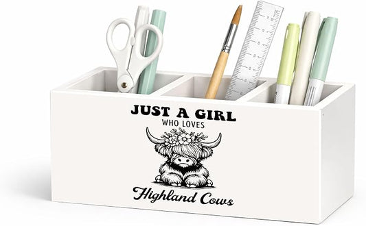 Highland Cow Desk Organizer Wooden Pen Pencil Holder for Desk, 3 Compartments Office Accessories, Just a Girl Who Loves Highland Cows Decor, Highland Cow Gifts for Women Home Office Storage