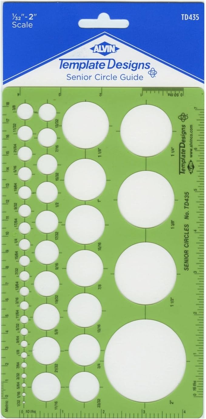 Alvin, TD435, Senior Circle Guide Template, Drawing and Drafting Tool - 42 Circles, 5 x 8 x .030 Inches