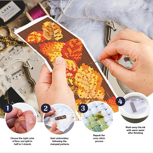 INFUNLY 6PCS Falling Leaf Cross Stitch Bookmark Kit for Adults Autumn Cross Stitch Kits DIY Crossstitch Kits Maple Leaves Stamped Embroidery Bookmark Kit with Instructions for Book Lovers Readers