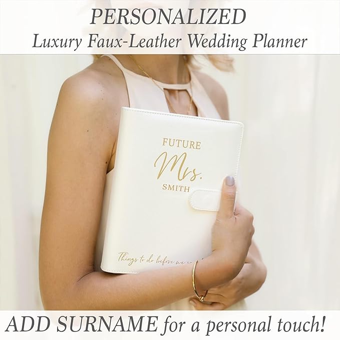 PERSONALIZED Wedding Planner Book and Organizer for The Bride - Faux Leather 'Future Mrs' Wedding Binder I Wedding Planning Book 2026 - 2027 Checklist Journal I Tissue Wrapped w/Stickers, Bookmark & Pen I Engagement Gift