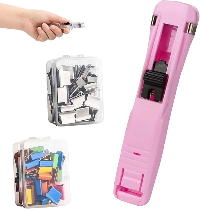 2026 New Portable Binder Clip Stapler, Includes 100 Reusable Clips, Handheld Paper No-Punch Folder, Mini Push Stapler Clamp Staplers for Home, School, and Office Document Binding (Pink)