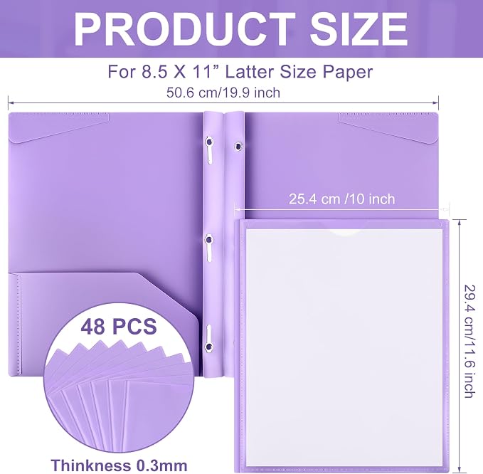 Tenceur 48 Pack Plastic Folders with 3 Prongs Bulk Heavy Duty Folders with Clear Front Pockets and Card Slots with Fasteners Fit Letter-Size Papers for Work School Office (Purple)
