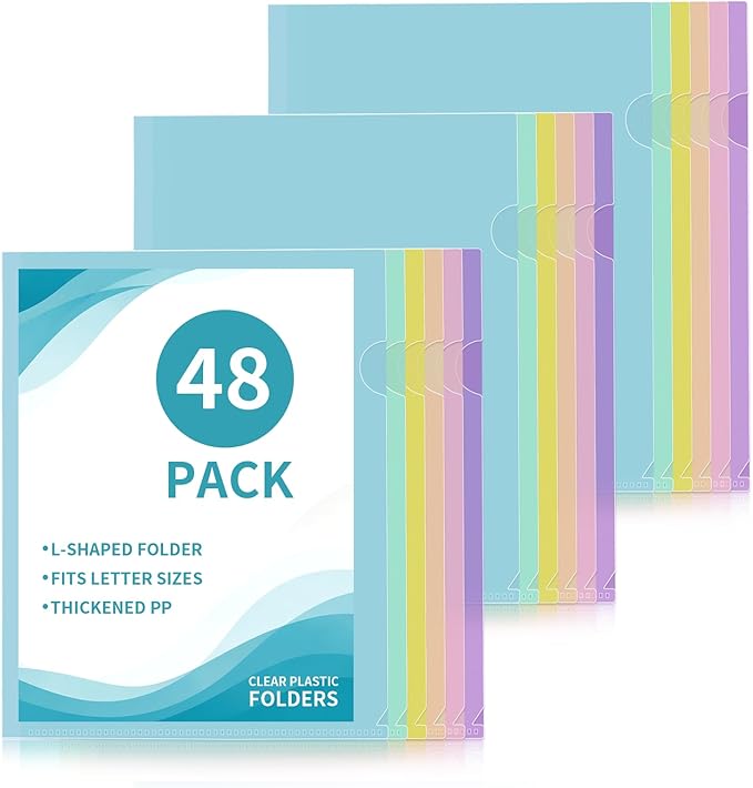 48 Pack Plastic File Folders, Letter Size Clear Project Sleeves for 8.5 x 11 Paper, Assorted Colors Transparent Document Protectors, Acid-Free Poly Jackets for Home, School & Office