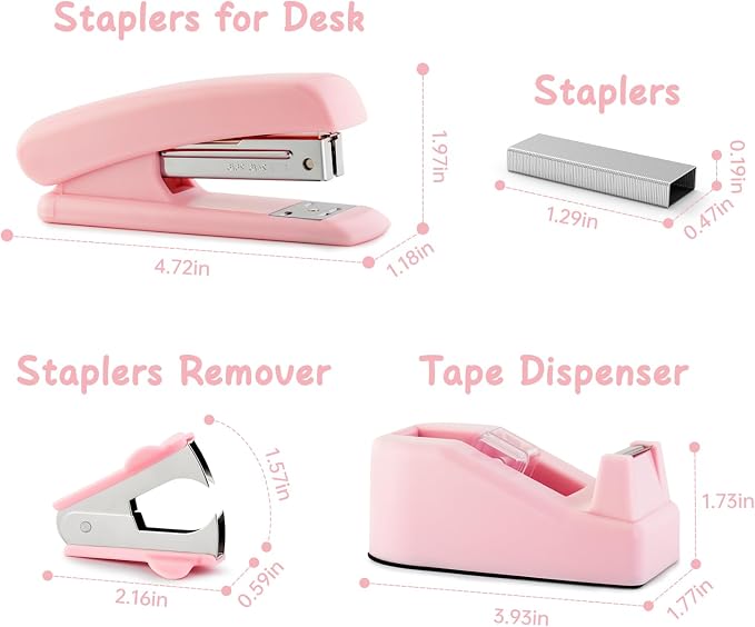 Pink Office Supplies Set for Kids, Stapler and Tape Dispenser for Women, Pink Desk Accessories for Kids, Office Desk Accessories Gift for Women, Boss Lady, Coworkers