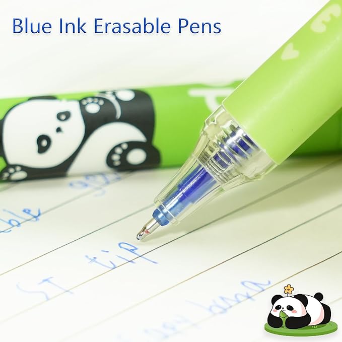 12-Pack Cute Erasable Pens, 0.5mm Fine Tip Blue Ink Retractable Pen, Adorable Capybara Stationery Set, Ideal for Office, School, Women and Men(Blue Ink - Panda)