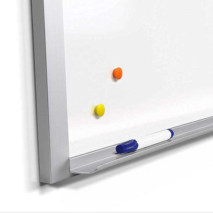 Optima Great White Dry Erase Board 3' W x 2' T, Magnetic Receptive 1/2" Thick Porcelain Steel Whiteboard, Mitered Anodized Aluminum Frame, Polished Aluminum Full-Length Tray