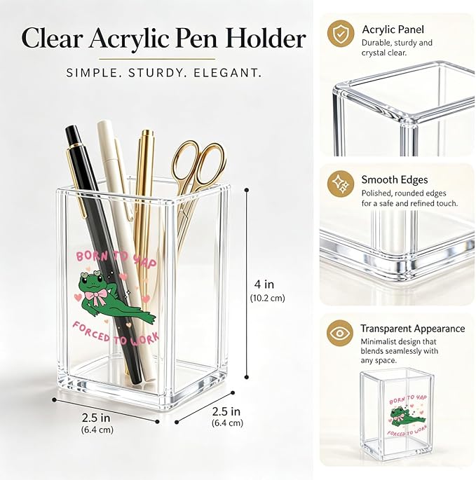 Funny Frog Pen Holder for Desk - Born To Yap Forced To Work - Clear Acrylic Makeup Brush Holder, Cute Aesthetic Office Decor, Relatable Coworker Gag Gift, Sarcastic Desk Accessories for Women