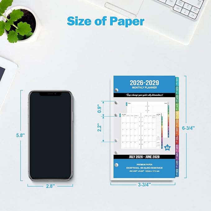 2026-2029 Monthly Planner Refills: 36 Months A6 Planner Inserts for 6-Ring Binder, July 2026 - June 2029, 6-Hole Punched A6 Binder Inserts, Calendar Inserts with Monthly Tabs, 3-3/4" x 6-3/4"