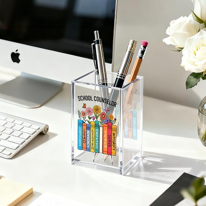 School Counselor Acrylic Pen Holder Cosmetic Organizer, Fun Pencil Pen Holder for Desk, Reading Nook Accessories for Teacher, Back To School Appreciation Gifts for Counselor Psychology Therapist