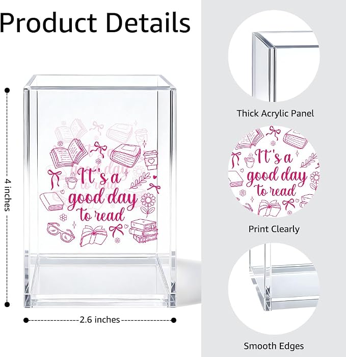 It's A Good Day To Read Acrylic Pen Holder Cosmetic Organizer, Funny Book Pen Pencil Holders for Desk, Literary Gifts for Book Club, Bookish Gifts for Librarian, Bookmark Holder for Bookshelf