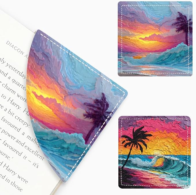 2PCS PU Leather Bookmarks 3.5x3.5 Inch Sunset Palm Wave Design | PU leather bookmarks for books with sunset palm wave design for vacation journals, beach reads, coastal decor lovers