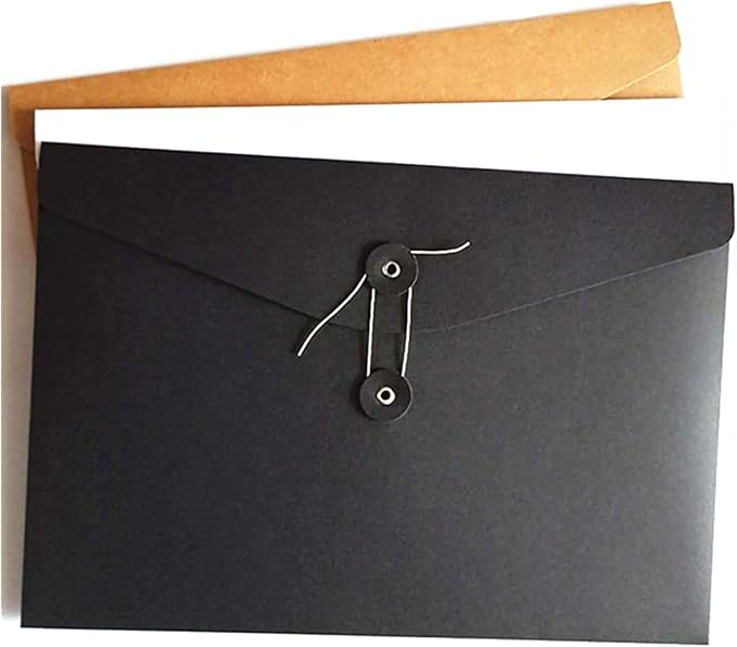 VANRA Kraft String Envelope File Folder Project Pockets File Jacket Document Organizer Flat-No Expansion A4 Letter Size (Black, Pack of 5)
