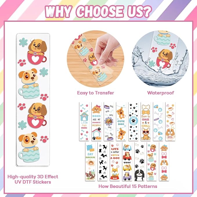 Peacoblue 30pcs UV DTF Bookmarks Transfer Stickers Wraps Cute Dog for Women Men Reading, Waterproof Bookmarkers Decal(No Blank Bookmarks) for Acrylic Plastic Metal Blank Bookmark